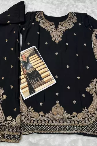 Black chinon free size stitched suit with embroidery beats 