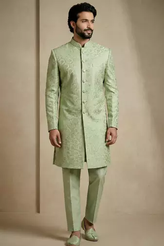 green donier jacquard premium designer festive wear indo western set