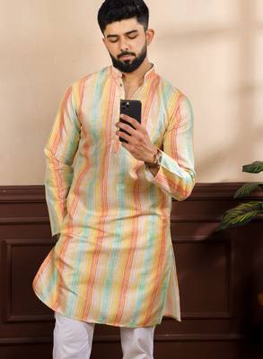 Multy color art silk fabric stylish fancy partywear kurta payjama for men's 3
