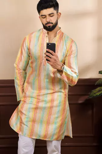 Multy color art silk fabric stylish fancy partywear kurta payjama for men's
