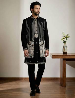 Black doniyar shatin premium designer festive wear indo western set 3