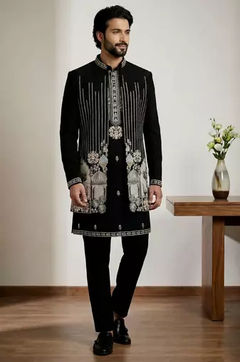 Black doniyar shatin premium designer festive wear indo western set
