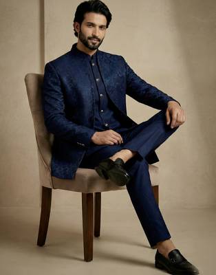Navy blue premium designer festive wear indo western set 3