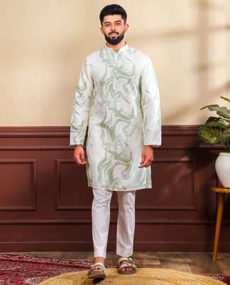 Green color art silk fabric stylish fancy partywear kurta payjama for men's 1