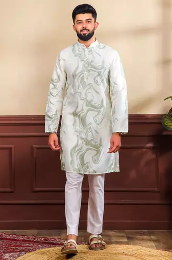 Green color art silk fabric stylish fancy partywear kurta payjama for men's