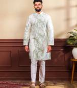 Green color art silk fabric stylish fancy partywear kurta payjama for men's