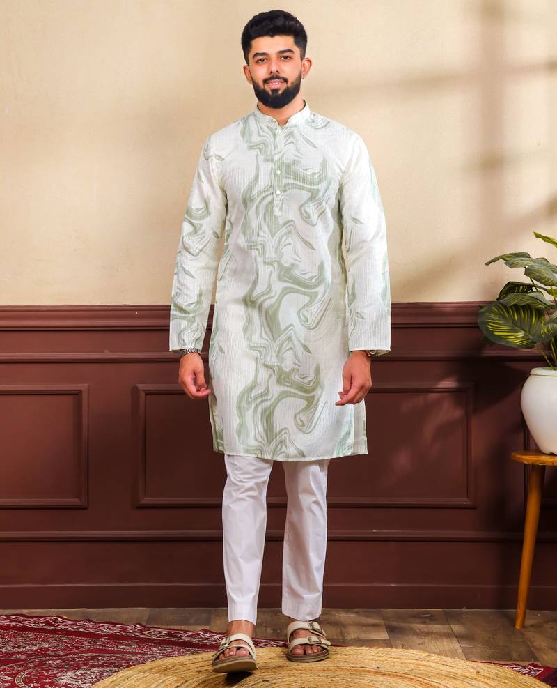 Green color art silk fabric stylish fancy partywear kurta payjama for men's