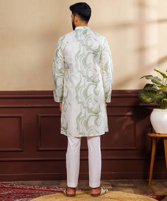 Green color art silk fabric stylish fancy partywear kurta payjama for men's 2