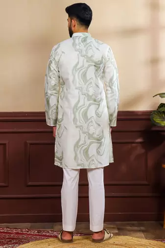 Green color art silk fabric stylish fancy partywear kurta payjama for men's