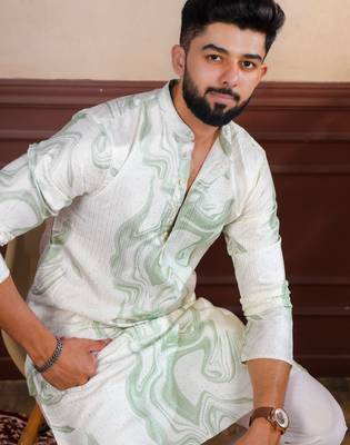 Green color art silk fabric stylish fancy partywear kurta payjama for men's 3