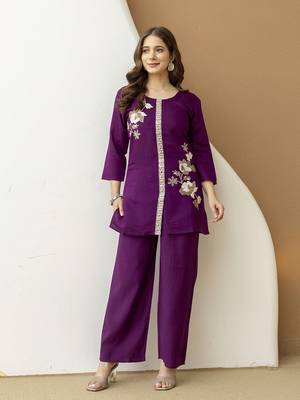 Purple Soft Viscose Kurta Top with Pants Casual Office Wear Co Ord Set For Women 1