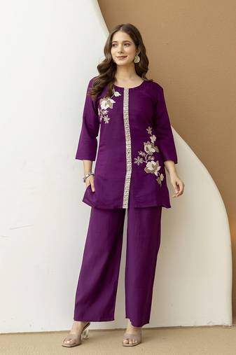 Purple Soft Viscose Kurta Top with Pants Casual Office Wear Co Ord Set For Women