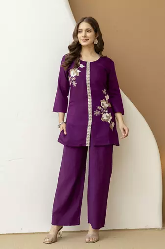 Purple Soft Viscose Kurta Top with Pants Casual Office Wear Co Ord Set For Women