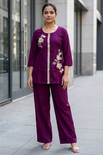 Purple Soft Viscose Kurta Top with Pants Casual Office Wear Co Ord Set For Women