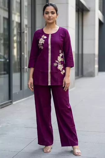 Purple Soft Viscose Kurta Top with Pants Casual Office Wear Co Ord Set For Women