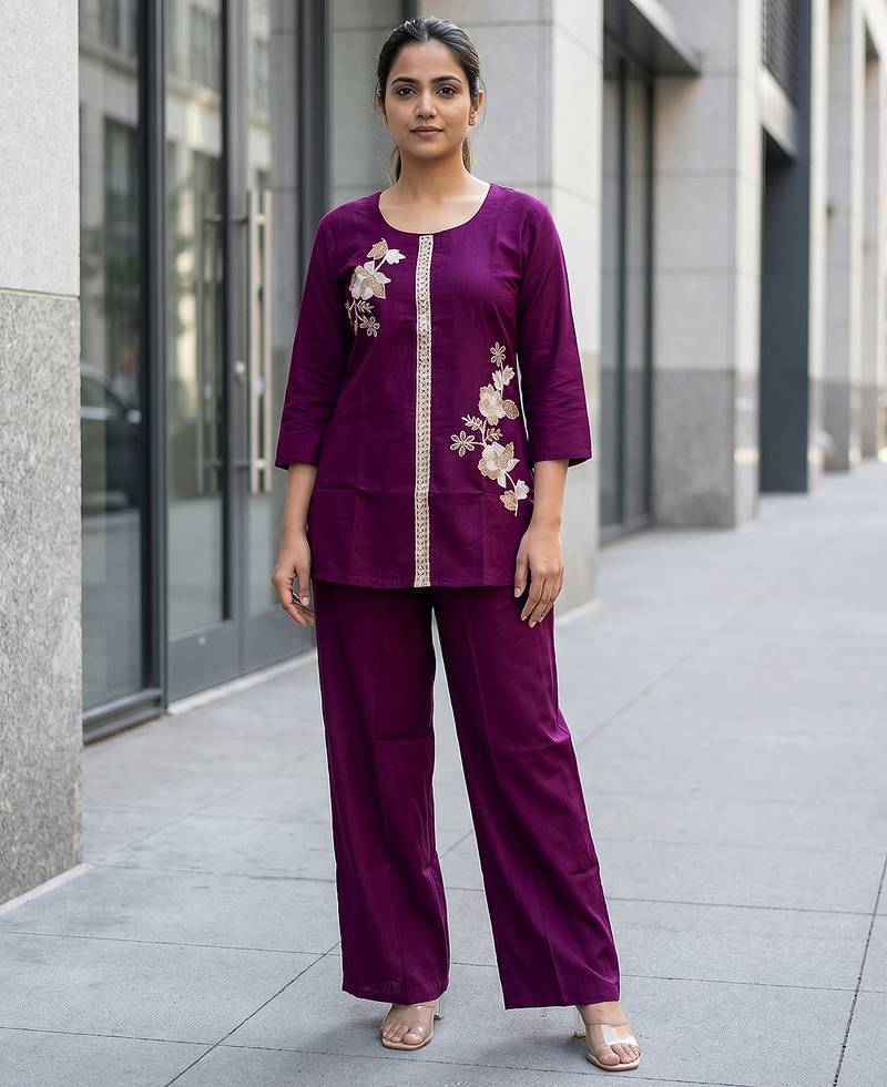 Purple Soft Viscose Kurta Top with Pants Casual Office Wear Co Ord Set For Women