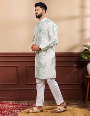 Green color art silk fabric stylish fancy partywear kurta payjama for men's 4