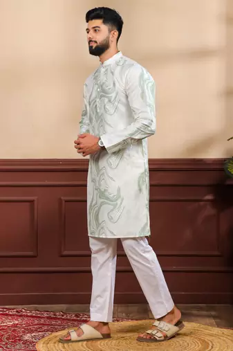Green color art silk fabric stylish fancy partywear kurta payjama for men's