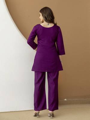 Purple Soft Viscose Kurta Top with Pants Casual Office Wear Co Ord Set For Women 2