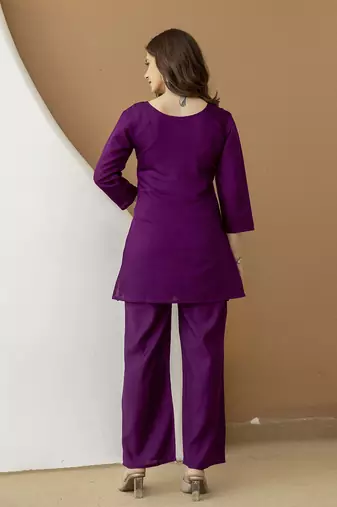 Purple Soft Viscose Kurta Top with Pants Casual Office Wear Co Ord Set For Women