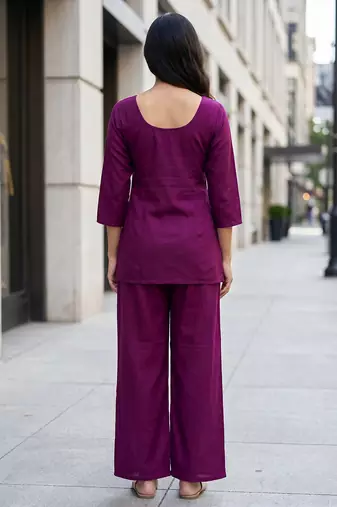 Purple Soft Viscose Kurta Top with Pants Casual Office Wear Co Ord Set For Women