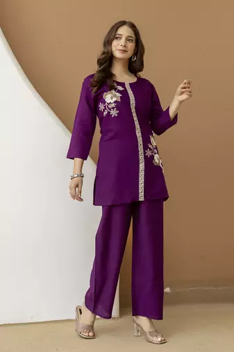 Purple Soft Viscose Kurta Top with Pants Casual Office Wear Co Ord Set For Women