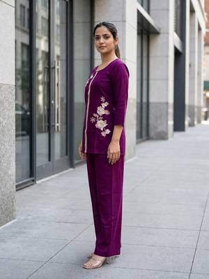 Purple Soft Viscose Kurta Top with Pants Casual Office Wear Co Ord Set For Women 3