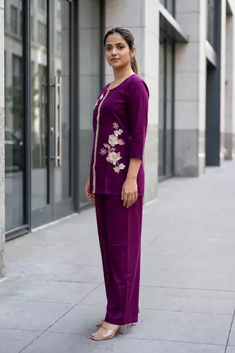 Purple Soft Viscose Kurta Top with Pants Casual Office Wear Co Ord Set For Women