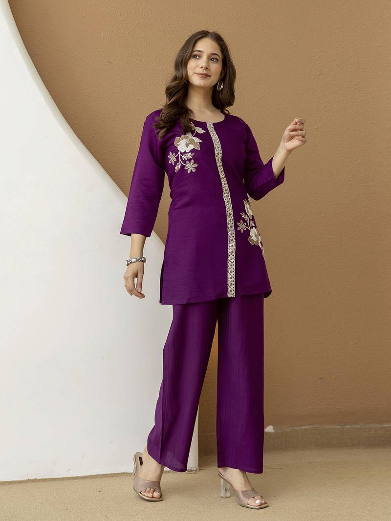 Purple Soft Viscose Kurta Top with Pants Casual Office Wear Co Ord Set For Women