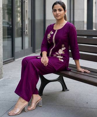 Purple Soft Viscose Kurta Top with Pants Casual Office Wear Co Ord Set For Women 4