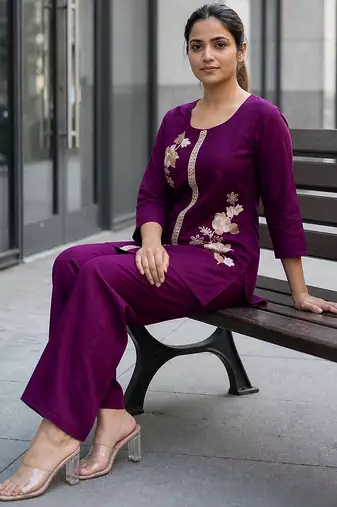 Purple Soft Viscose Kurta Top with Pants Casual Office Wear Co Ord Set For Women