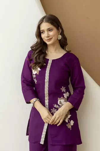 Purple Soft Viscose Kurta Top with Pants Casual Office Wear Co Ord Set For Women