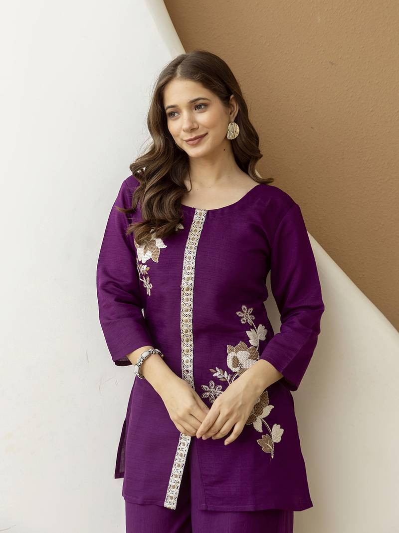 Purple Soft Viscose Kurta Top with Pants Casual Office Wear Co Ord Set For Women