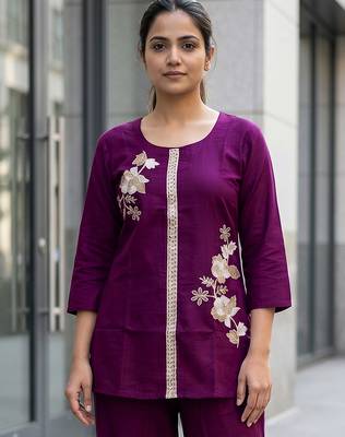 Purple Soft Viscose Kurta Top with Pants Casual Office Wear Co Ord Set For Women 5