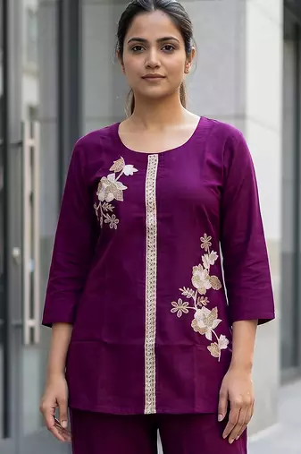 Purple Soft Viscose Kurta Top with Pants Casual Office Wear Co Ord Set For Women