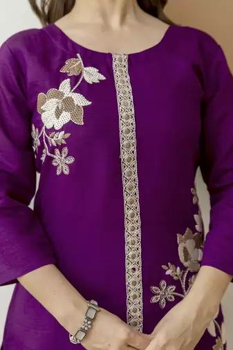 Purple Soft Viscose Kurta Top with Pants Casual Office Wear Co Ord Set For Women