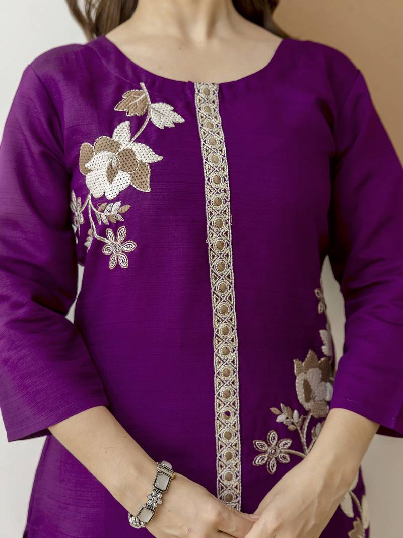 Purple Soft Viscose Kurta Top with Pants Casual Office Wear Co Ord Set For Women
