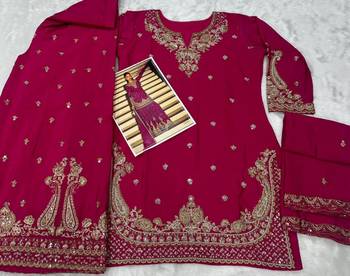 Rani pink chinon free size stitched suit with embroidery beats  4