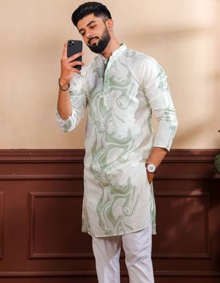 Green color art silk fabric stylish fancy partywear kurta payjama for men's 5