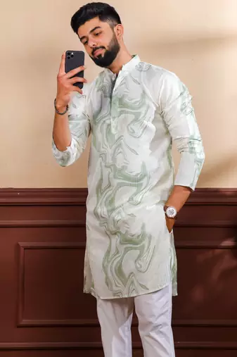 Green color art silk fabric stylish fancy partywear kurta payjama for men's