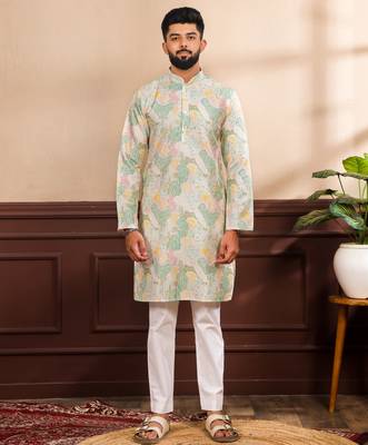 Multicolor art silk fabric stylish fancy partywear kurta payjama for men's 1