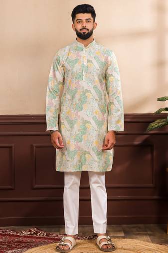 Multicolor art silk fabric stylish fancy partywear kurta payjama for men's