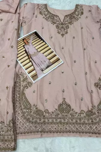 Pink chinon free size stitched suit with embroidery beats 