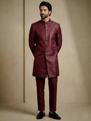 Dark maroon donier jacquard premium designer festive wear indo western set 4