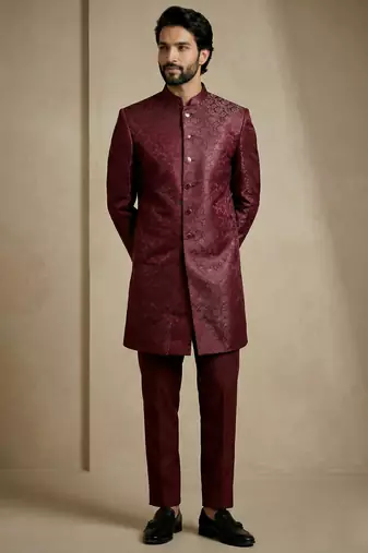Dark maroon donier jacquard premium designer festive wear indo western set