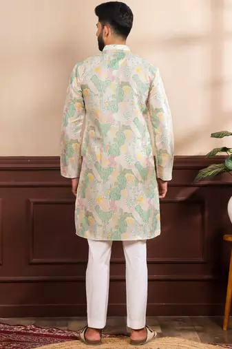 Multicolor art silk fabric stylish fancy partywear kurta payjama for men's