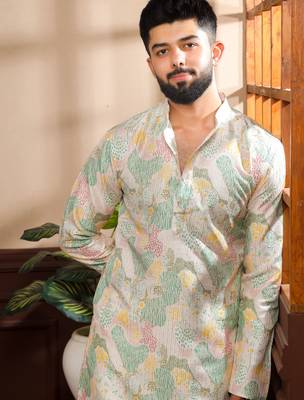 Multicolor art silk fabric stylish fancy partywear kurta payjama for men's 3