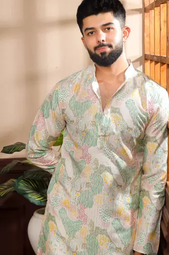 Multicolor art silk fabric stylish fancy partywear kurta payjama for men's
