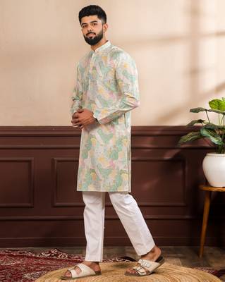 Multicolor art silk fabric stylish fancy partywear kurta payjama for men's 4