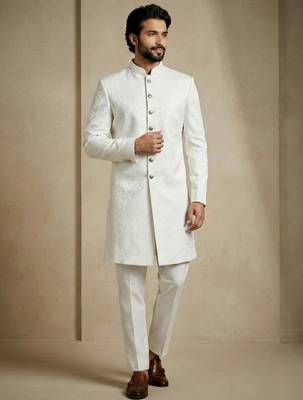 White donier jacquard premium designer festive wear indo western set 4